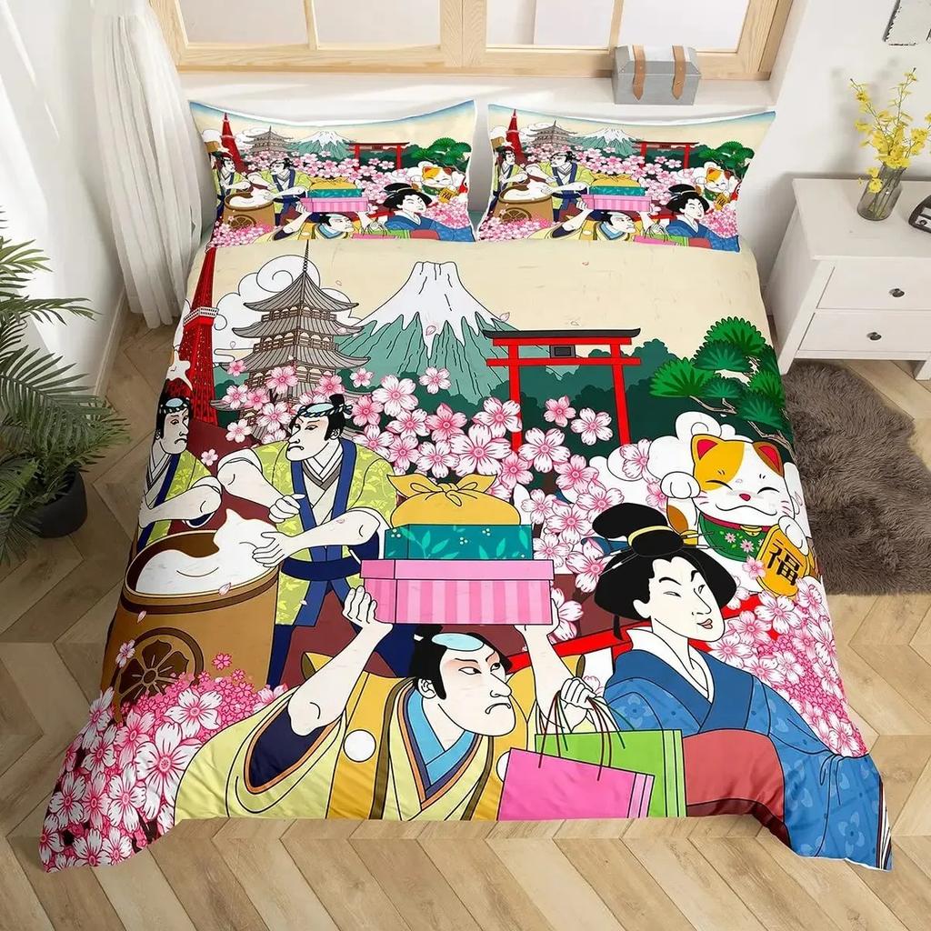 Lucky Cat Duvet Cover Set Japanese Style Hokusai Wave Pattern Bedding Sets Exotic Red Torii Gate Sun Decor Comforter Cover Set