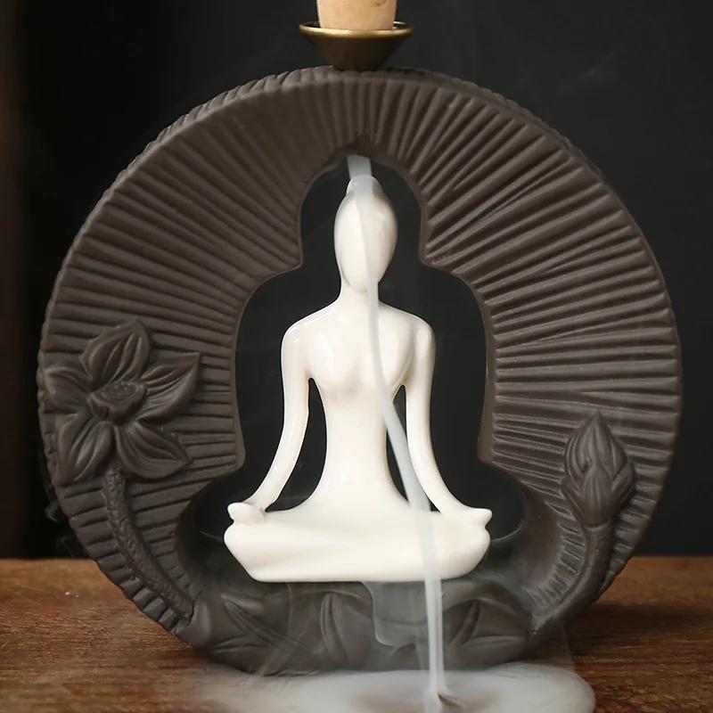 1pc Buddha's Light Shine Type Ceramic Yoga Girl Backflow Incense Burner Use In Office Teahouse Home Decor (Without Incense)
