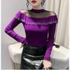 Spring Autumn Long-Sleeved Women's T-shirt Fashion Shiny Ruffles Diamonds Tops Femme Sexy Perspective Mesh Tees Clothes