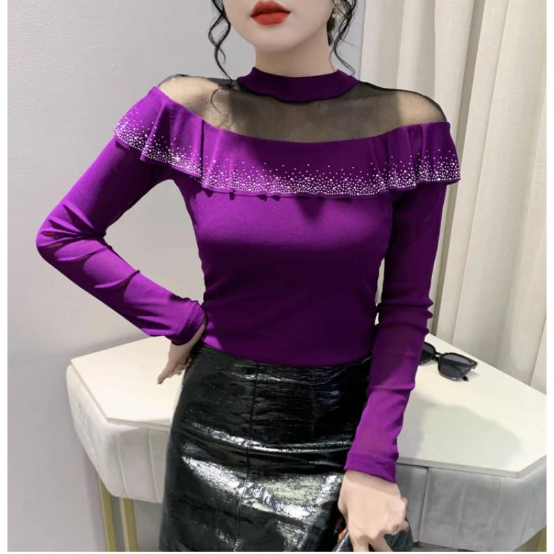 Spring Autumn Long-Sleeved Women's T-shirt Fashion Shiny Ruffles Diamonds Tops Femme Sexy Perspective Mesh Tees Clothes