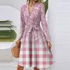 Women's Fashion Casual V-Neck Long Sleeve Waist Plaid Print Midi Dress