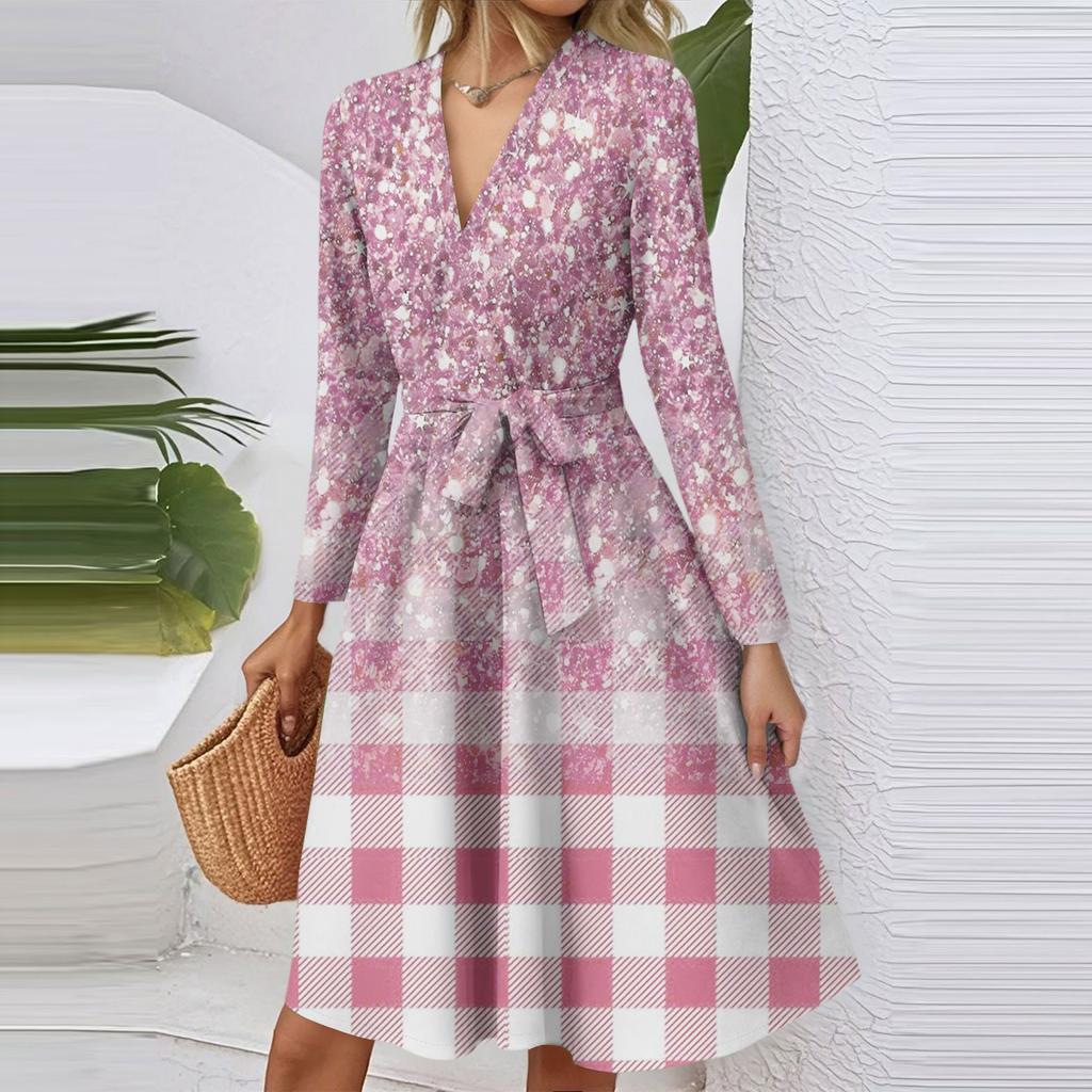 Women's Fashion Casual V-Neck Long Sleeve Waist Plaid Print Midi Dress