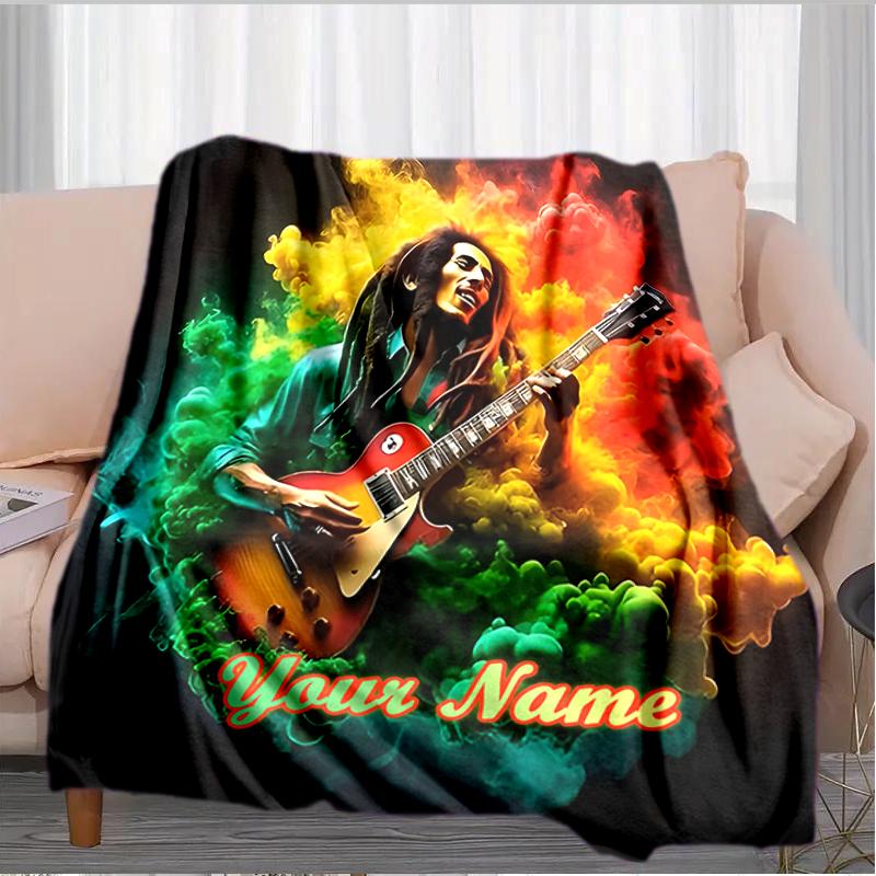 1PC Custom Name Rasta Music Legend flannel blanket versatile,all-season throw suitable for the living room,bedroom,camping,travel,and gift