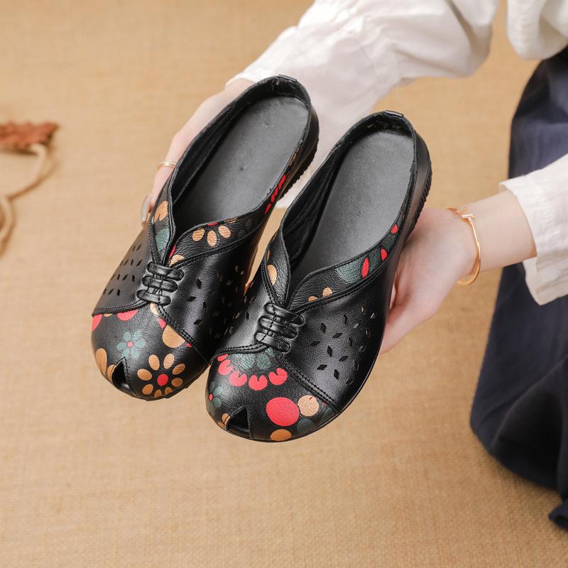 Letní Dámské Ležérní Boty s Nízkým Podpatkem a Plochou Podrážkou v Etnickém Stylu z Pravé Kůže s Potiskem, Dámské Pantofle pro Střední Věk, Prodyšné Děrované Boty