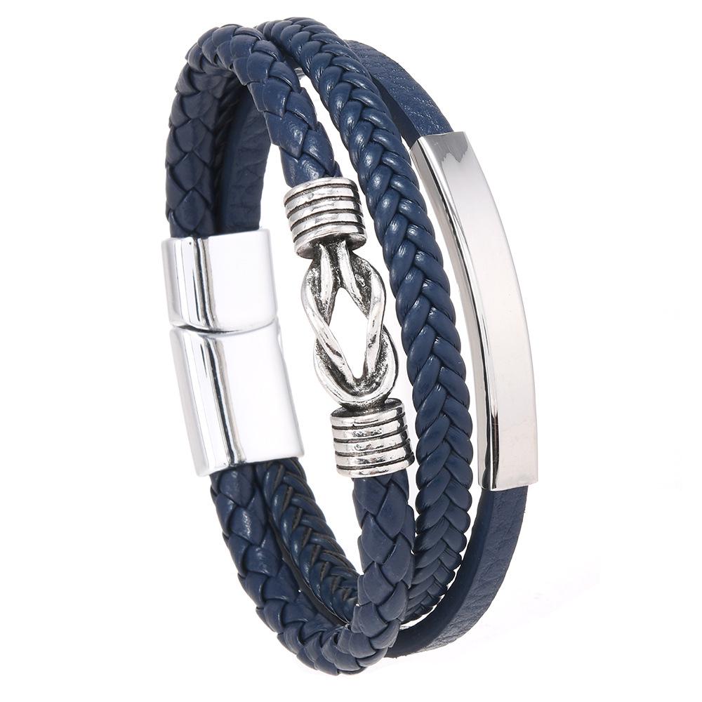 Retro Curved Tube Stainless Steel Layered Punk Knotted Men's Leather Bracelet