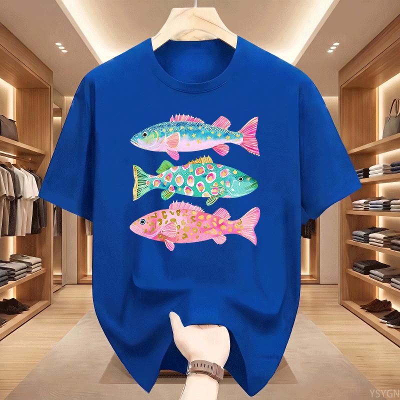 Preppy Fish Tshirt Unisex Summer Coastal Fish Beach Tshirts Causal Round Neck Printed Cotton Short Sleeve T Shirts Unisex Tops