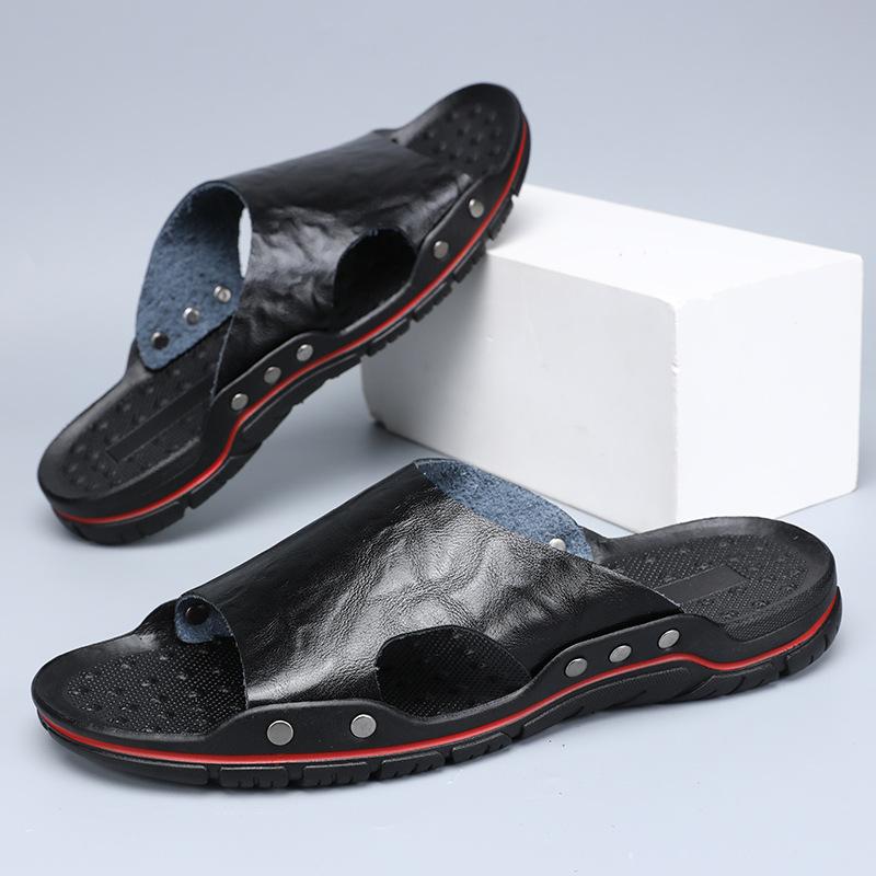 

Мужские летние кожаные сандалии Удобные Нескользящие Дышащие Шлепанцы Легкие Повседневные Тапочки Размер 48 чёрный