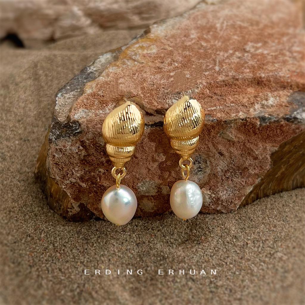 Freshwater Pearl 925 Silver Needle Plated 14K Ocean Series Conch Earrings Designer Earrings