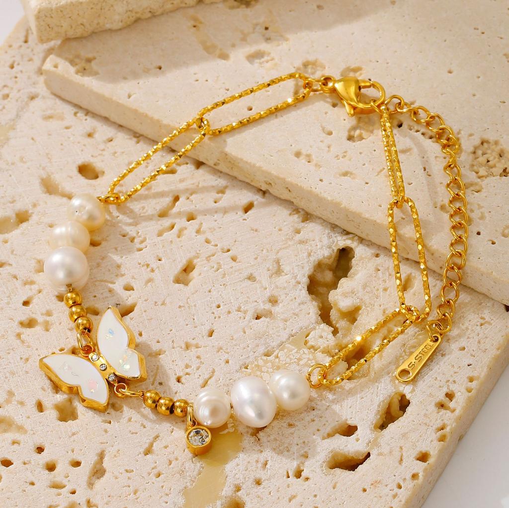 Stainless Steel 11K Gold Chain Butterfly Pearl Bracelet INS Wind Niche Design Gold Plated Bracelet