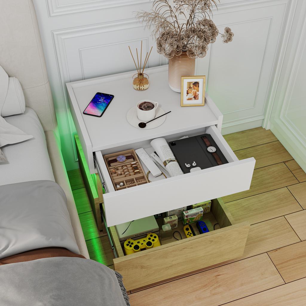 Modern Two-Tier Nightstand in Industrial Style, Bedroom Side Table with Two Drawers, Mood Lighting, Suitable for Living Room (White and Natural Wood)