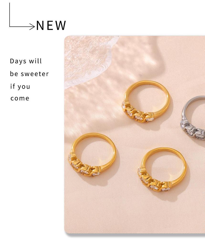 European Niche Zirconia Ring with 18K Gold Plating, Cold Palace Style Stainless Steel Jewelry for Women