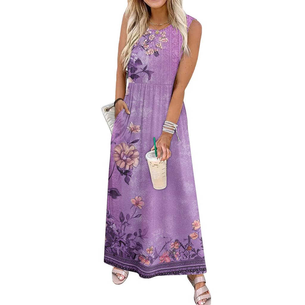 Ladies' Floral Print Casual and Fashionable Waist Cinched Sleeveless Dress
