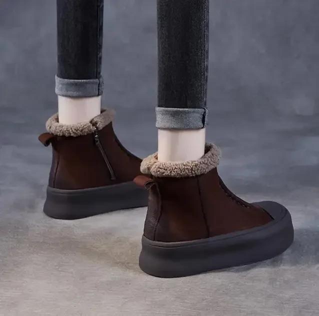 4CM Women Snow Boots Retro Thick Bottom Flat Platform Genuine Leather Zipper Winter Warm Ankle Boots For Women Cotton Shoes