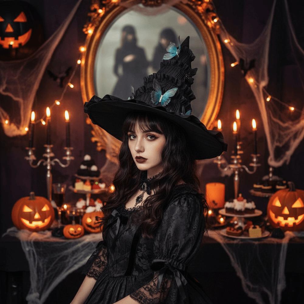 Tall Pointed Cone Top Halloween Hat Gothic Ruched Masquerade Cap  Halloween Party