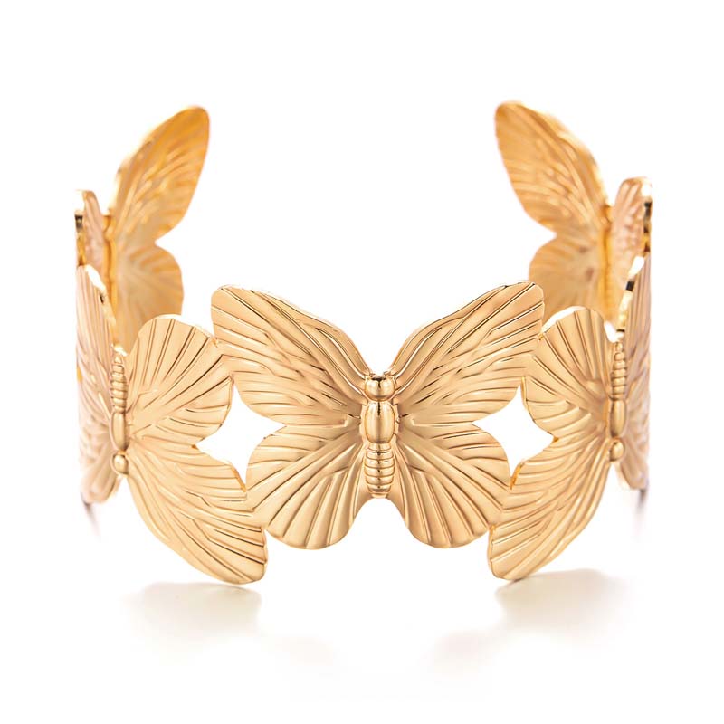 Vintage Gold Color Butterfly Flower Wide Bracelet For Women Men Punk Metal Open Adjustable Bracelet Jewelry  New