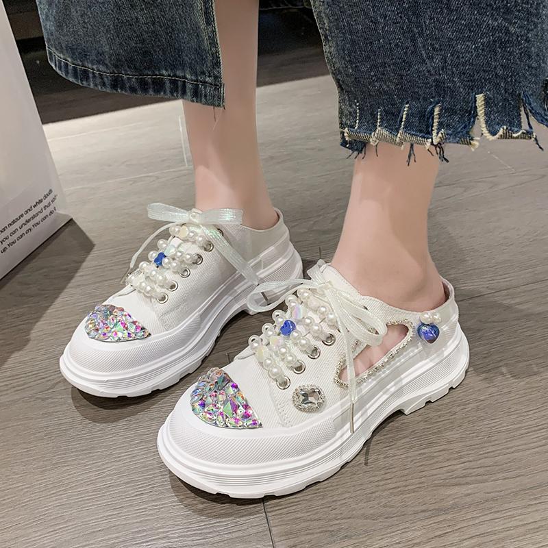

Fashion Summer New Women Sneakers Slipper Designer Platform Mules Flat Sandal Sweet Casual Lace Up Pearl Crystal Shallow Ladies Shoes 35 белый