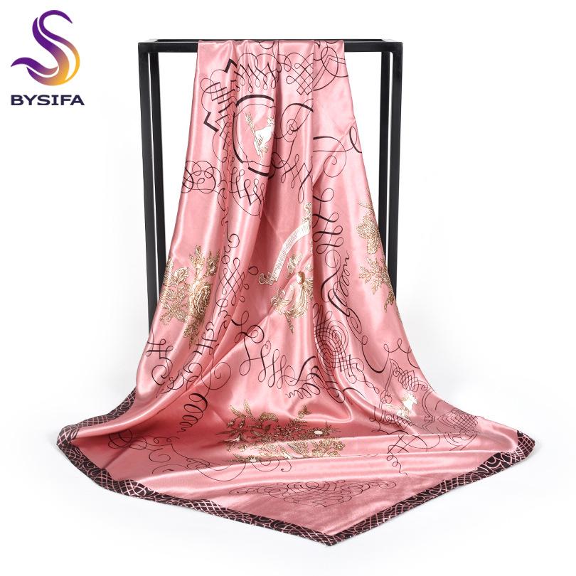 [BYSIFA] New Spring Silk Scarf Shawl Fashion Accessorries Muslim Women Head Scarf 90*90cm Elegant Leaves Pattern Square Scarves