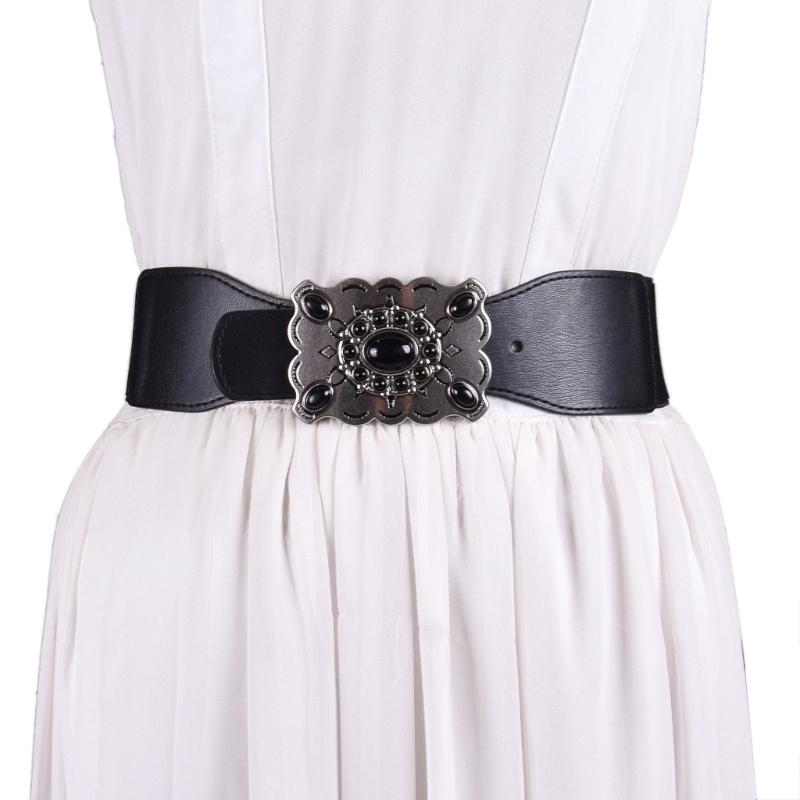 PU Waist Cincher Elegant Wide Chain for Dress Elastic PU Waistband Trendy Underbust Waist Chain Wide Belt