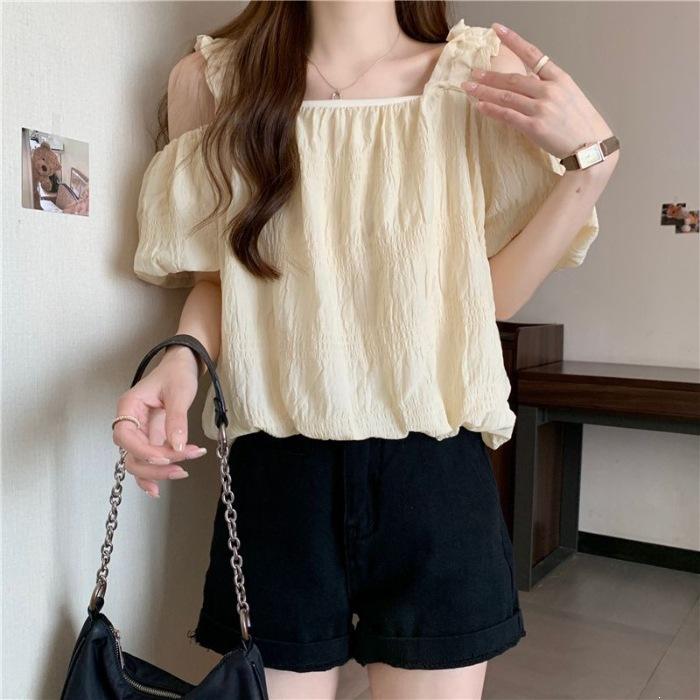 One-word shoulder suspender shirt women's bubble sleeves short with high-waisted pants annual summer loose-minded off-the-shoulder top