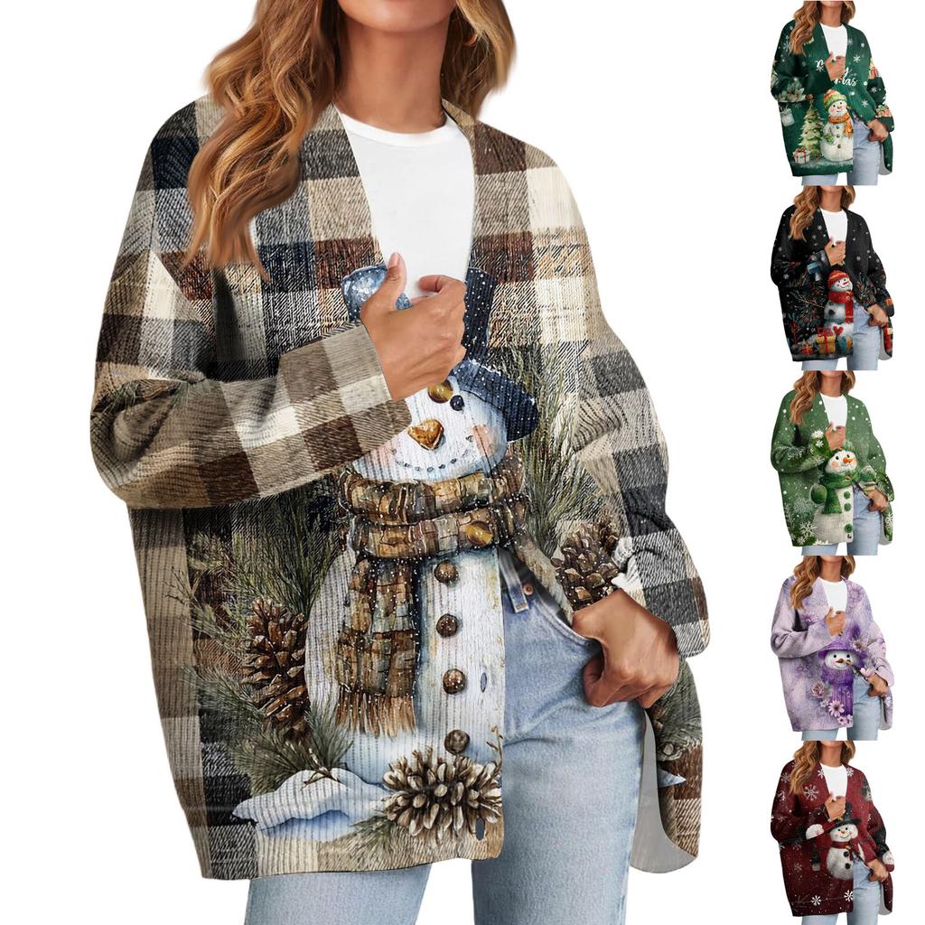 Women's Fashion Long Sleeve Christmas Print V-Neck Button Loose Cardigan Top