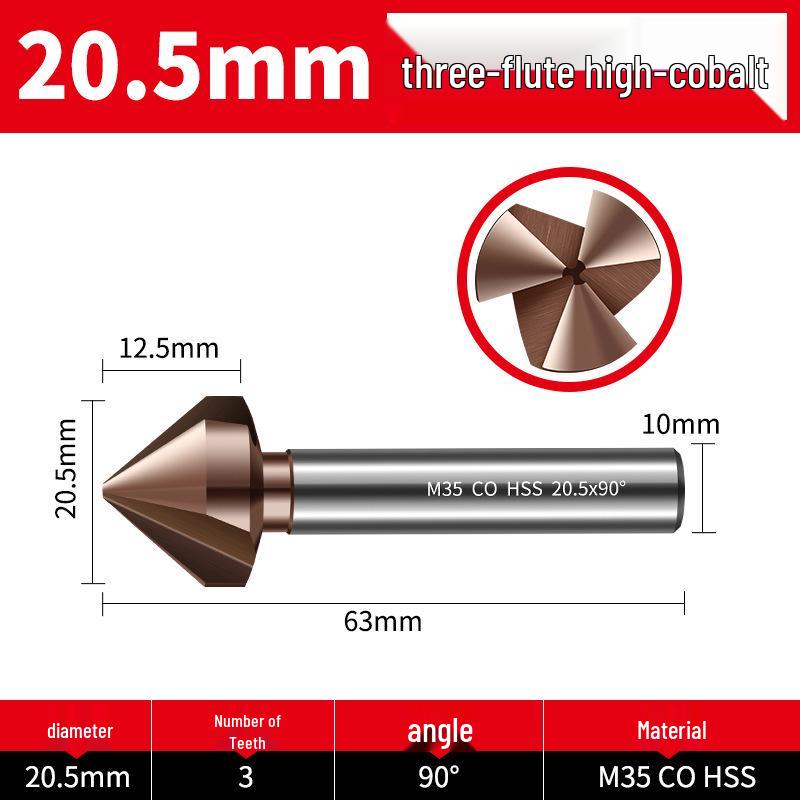 Straight Shank Single-Edge 3-Flute 45° Chamfering & Deburring Countersink Drill Bit, 90° Inner Hole Trimmer