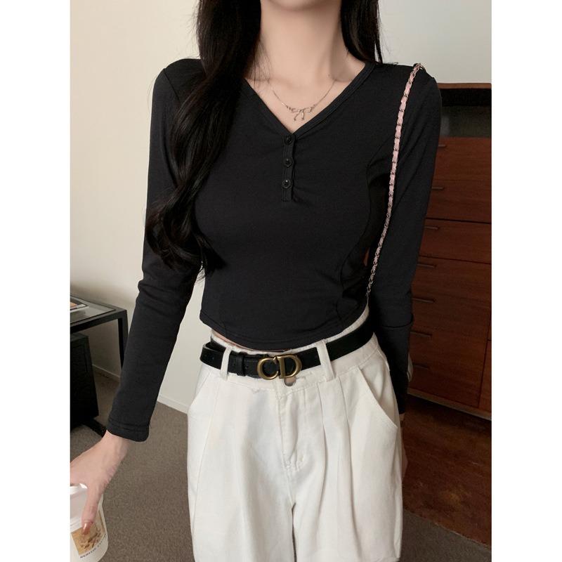 

Solid color short button-neck long-sleeved T-shirt women s autumn slim-fitting and thin bottoming shirt Spice girl top XL чёрный