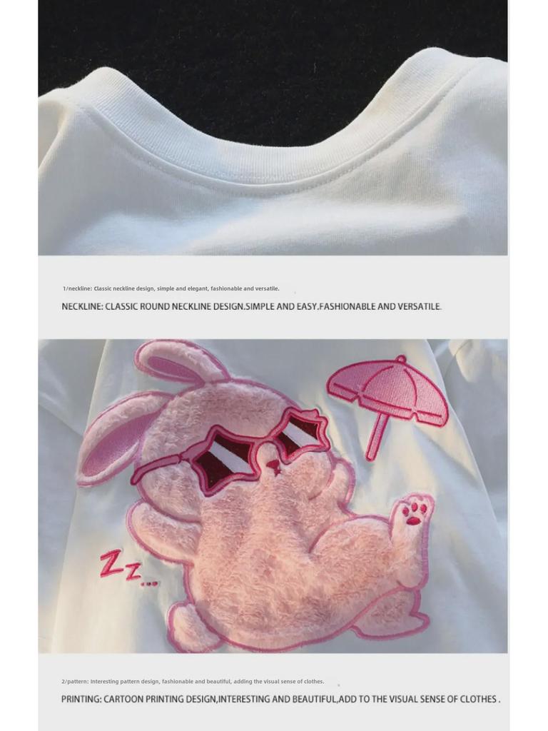 Women's Retro Cute Rabbit Flocked Short Sleeve T-Shirt - Pure Cotton Summer Couple Top