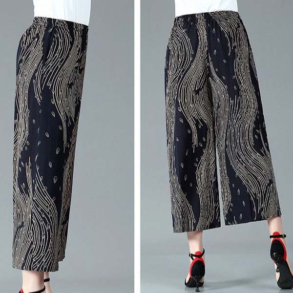 WTEMPO Cotton Hemp Blend Women Large Size Wide Leg Pants Mom High Waist Elastic Printed Thin Cropped Pants