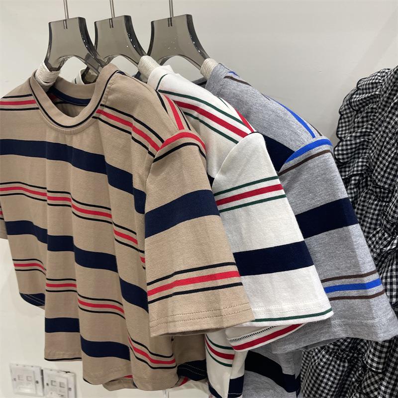 Summer Casual Loose T Shirt Women's Streetwear Harajuku Rainbow stripes Short Sleeve T-shirts for Women Y2k crop Tops student vintage clothes