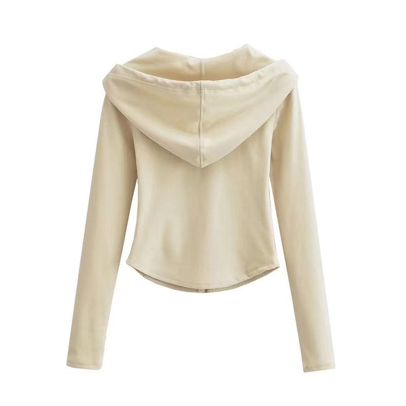 Spring Autumn Casual Fashion Solid Color Slim Cardigan Hoodies Women Street Style Drawstring Zipper Hooded Top