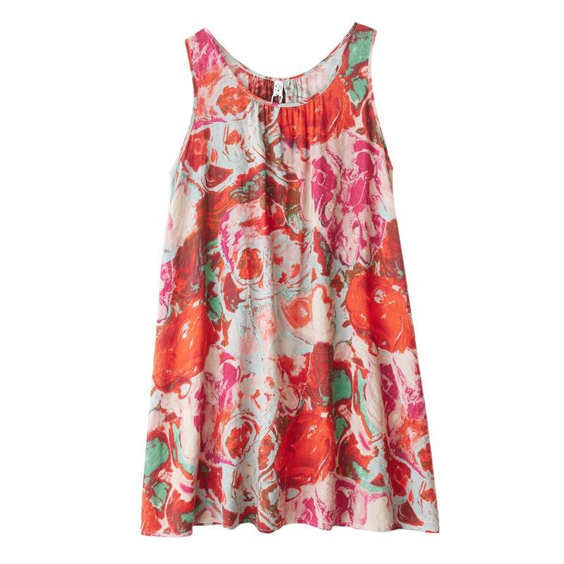 Real Shot Summer New Large Size Loose Suspender A-word Skirt Sleeveless Round Neck Cotton and Linen Printed Dress Women's Clothing