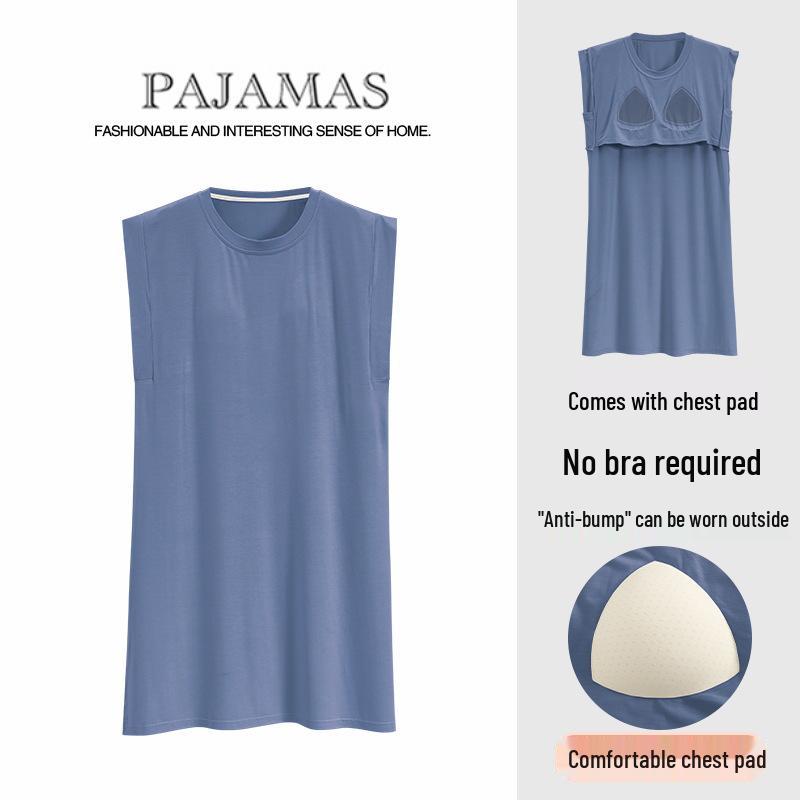 2026 Women's Spring/Summer Blue Nightgown with Built-in Bra, Short Sleeves, Round Neck, Casual Homewear Style