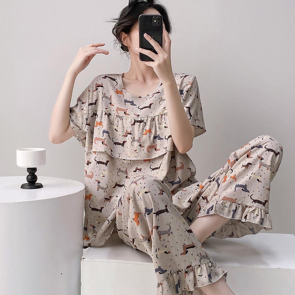 Short-sleeved Trousers Cotton and Silk Pajamas Women's Summer Thin Suit Japanese Sweet Anti-bumps Can Be Worn Outside Cotton Silk Loungewear