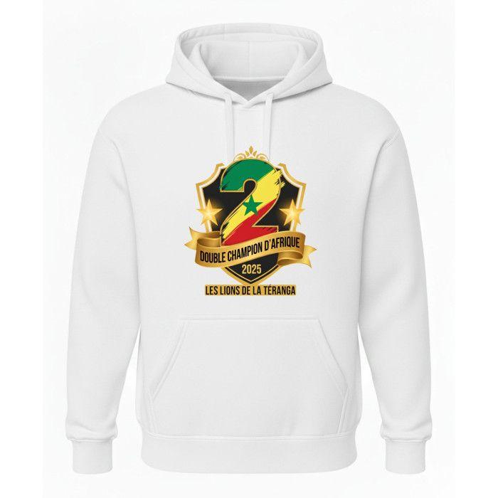 Men's Hoodie Football Inspired Senegal : African Double Champion 2025 - - White