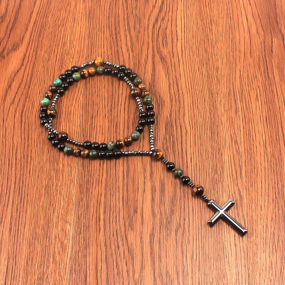 Natural Stone Turquoise &Tiger-eye Beads Cross Pendant Necklace Bohemia Colorful Bead Necklace Beads' Color Is Random