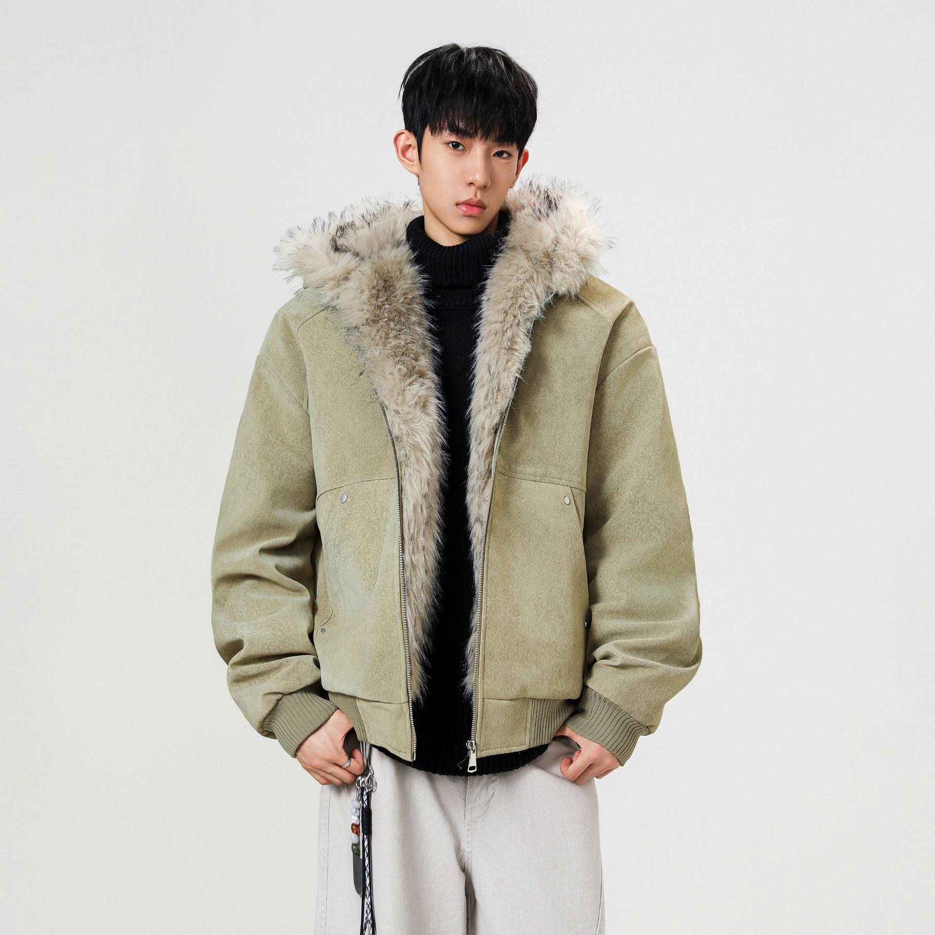 

Unisex Winter Hooded Cotton Coat with Sable Collar, Thickened and Velvet-Lined for Warmth and Cold Protection M світло-коричневого кольору