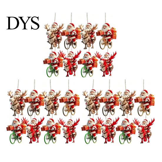 Handmade Style Xmas Tree Pendants 8/16/24/32Pcs 2D Flat Christmas Wooden Ornaments, Santa Claus Riding Bicycle Hanging Accessories Decor, Pendant for