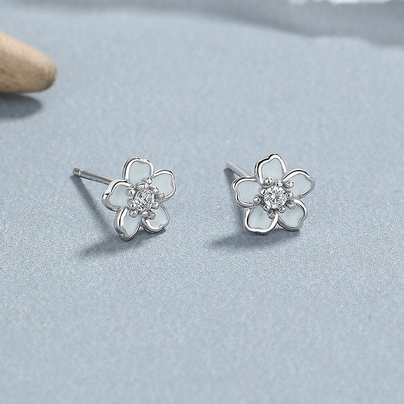 

925 Sterling Silver Cherry Blossom Stud Earrings Enamel Flower Jewelry with Crystal for Women Girls Gift