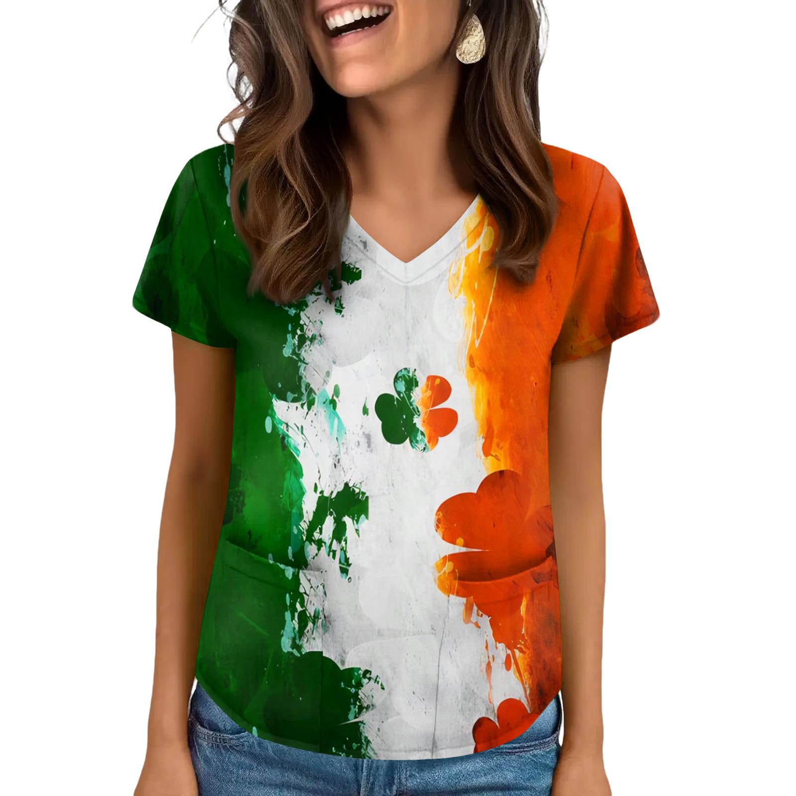 

Women s V-Neck Saint Patrick s Day Print Short-Sleeve Pocket Side-Slit Top M