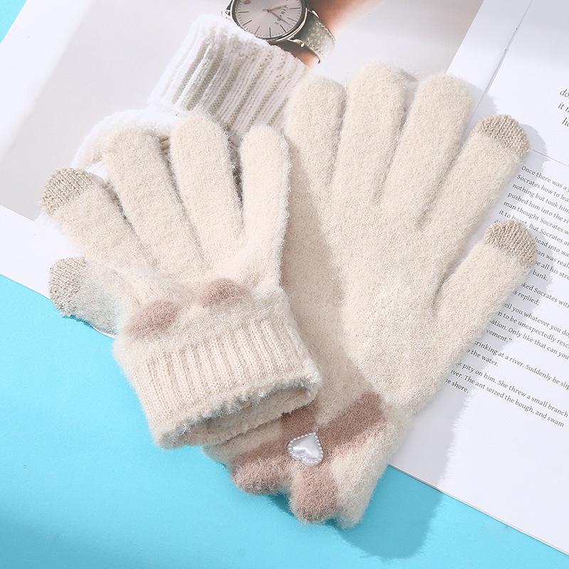 [Solid color elegance] 2025 new knitted thermal gloves women's winter cute bow touch screen five fingers