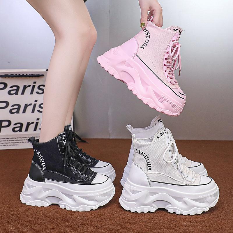 Fashion Women Ankle Boots Lace Up 8CM Sneakers High Platform Punk Boots Spring Autumn Black Chunky Motorcycle Boots Botas Mujer