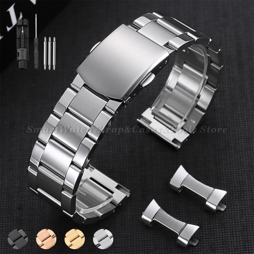 Luxury Solid Stainless Steel Watch Bracelet with Curved End 18mm 20mm 22mm Double Press Folding Buckle Watch Strap Accessories
