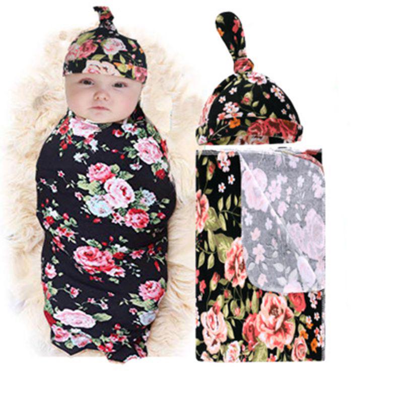 Newborn Baby Cart Blanket Hat Set Cotton Printing Infant Swaddling Wrap