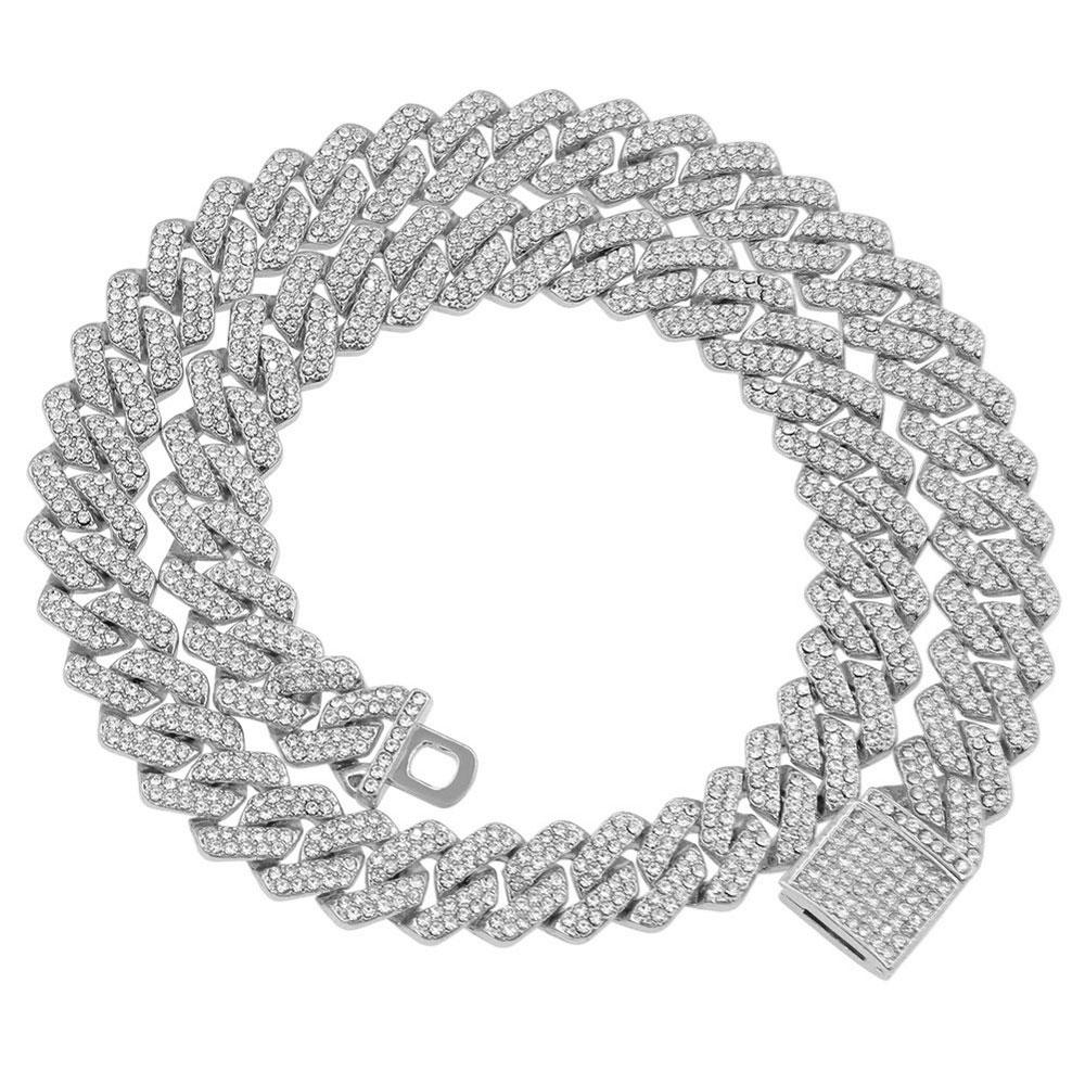 14mm Hip Hop Cuban Link Chain For Men Silver Color Iced Out Rhinestone Miami Necklace Choker for Women with Neck Chain Jewelry