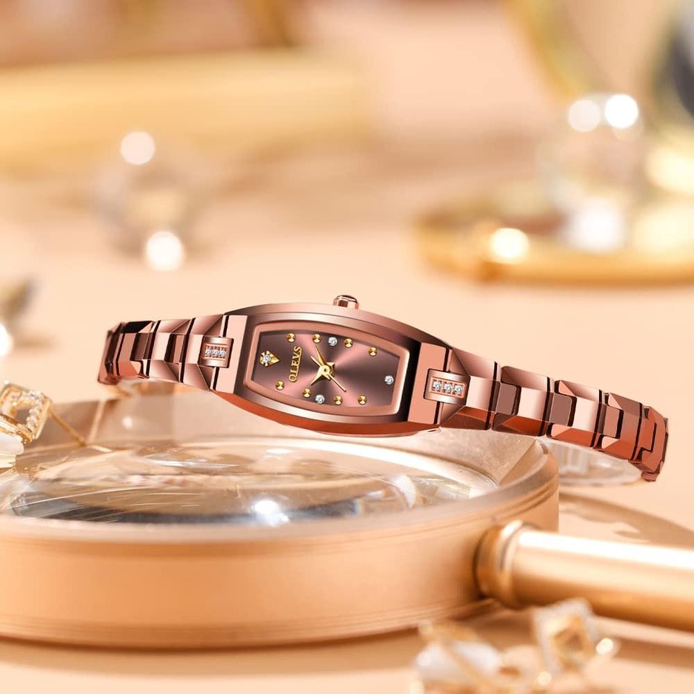 OLEVS Women's Slim Thin Watch Tonneau Square Diamond Quartz Rose Gold Steel Band Model 5501 3 ATM Water Resistant Ladies Gift
