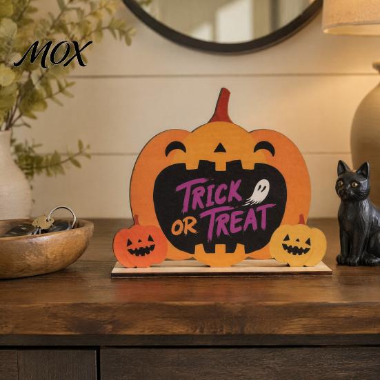 Childlike Halloween Room Accent Wooden Table Sign, Cute Pumpkin Boo Ghost Vibrant Party Prop Tabletop Centerpiece for Indoor Mantel Fireplace