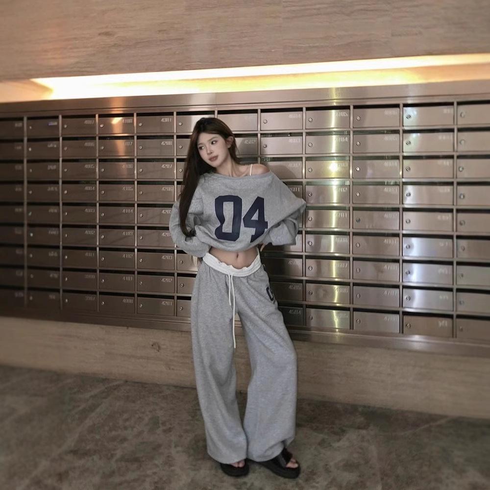 Spring and Autumn Women's Casual 2 Piece Sets Outfit Pant Sets Oversized Jersey Set Vintage Letter Print Off Shoulder Tracksuit