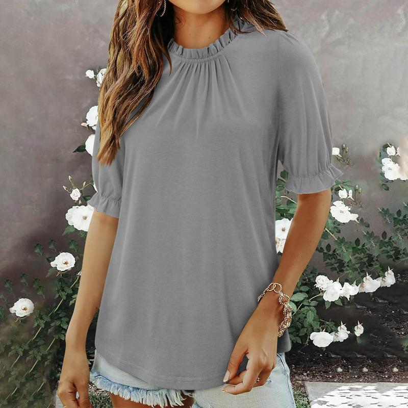 Women S Solid Color Round Neck Mid Sleeve Pleated Top