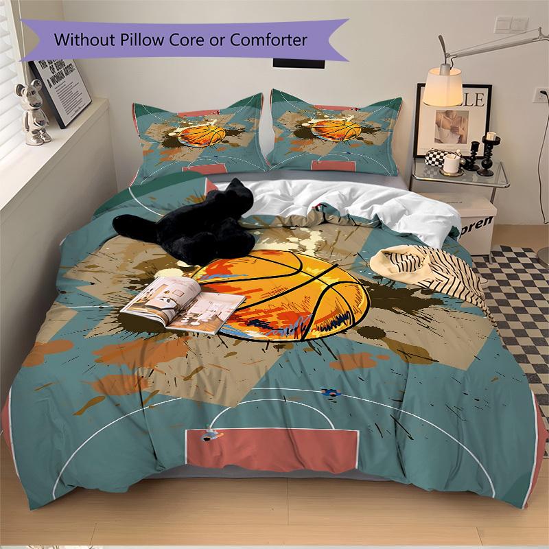 3pcs Basketball Court Bedding Set, Includes 1 Comforter + 2 Pillowcases, Without Pillow Inserts, Soft Comfortable, Lightweight Breathable, P