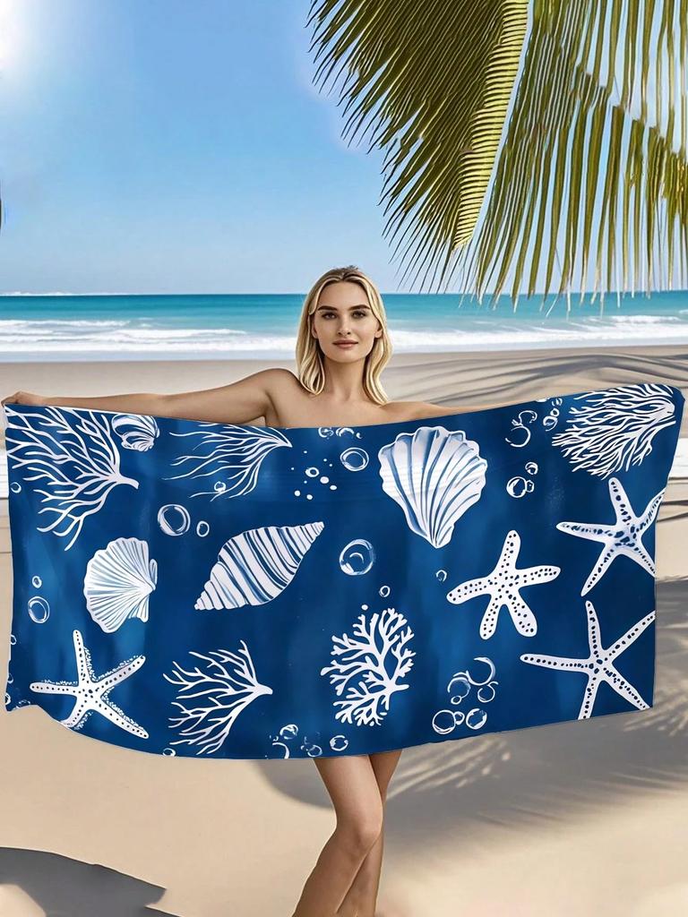 1pc Blue Quick-Dry Beach Towel, Shell Starfish Coral Print, Large Multifunctional Mat for Yoga, Travel, Camping, Swimming